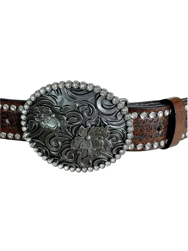 Western Tooled Large Buckle Belt with Rhinestones Brown - Image 6