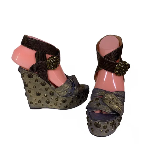 Guillaume Hinfray Gold An Blue Leather Studded Distressed Wedge Heels (36) - Image 3