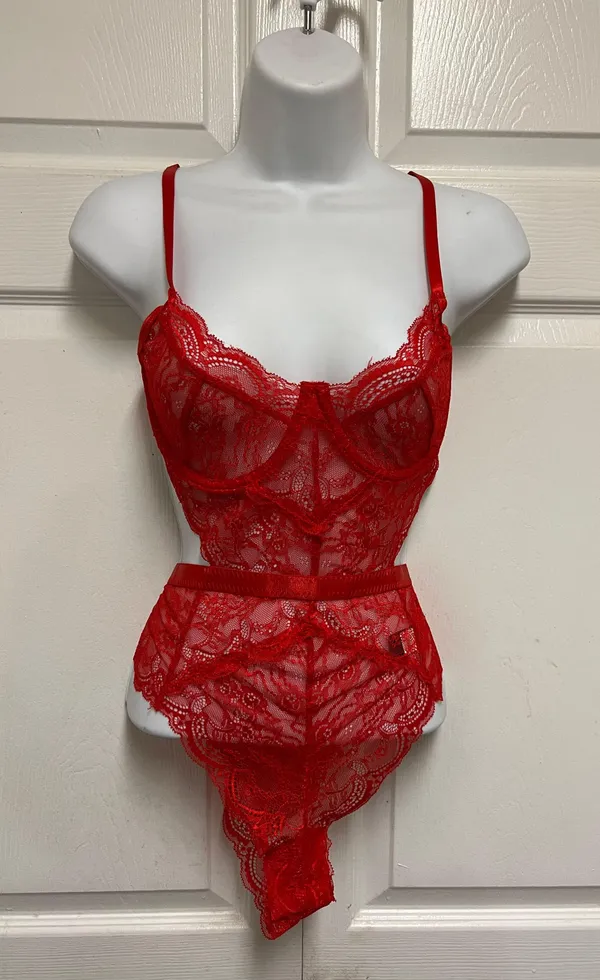 SheIn Red Lace Love Gothic Bodysuit - Image 3