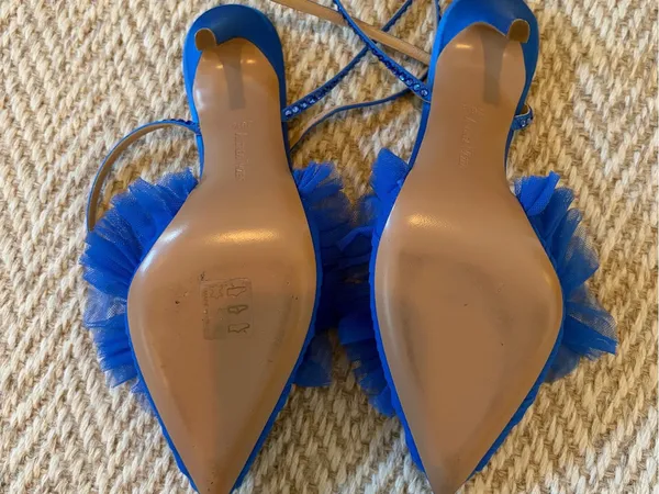 Like New! Andrea Wazen Blue Tulle Ruffle Ankle-Strap Stiletto Heels | Size 36.5 - Image 5