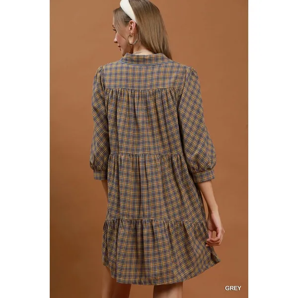 Umgee Plaid‎ Button Down Oversized Shirt Dress - Grey - Medium - Image 3
