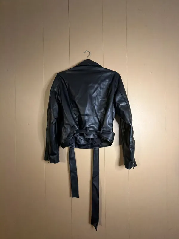 Zara Women's Black Faux Leather Biker Jacket with Belt - Image 3