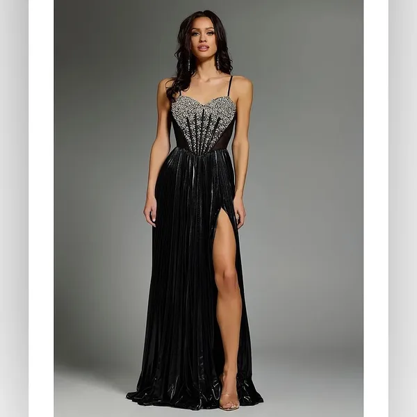 Jovani Metallic Sweetheart Neck Beaded‎ Corset Bodice A line dress prom 4 - Image 3