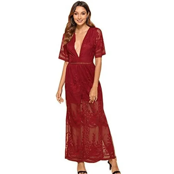 Maroon Dark Red Romper Boho V Neck Lace Maxi Dress Medium - Image 9