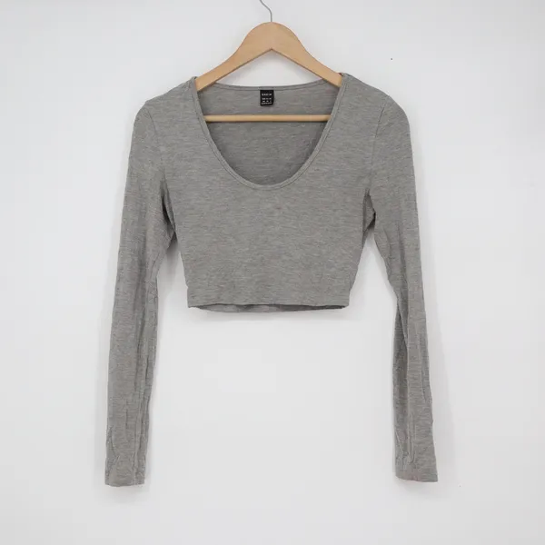 SHEIN Womens Heather Grey Scoop Neck Long Sleeve Crop Top XS - Image 2