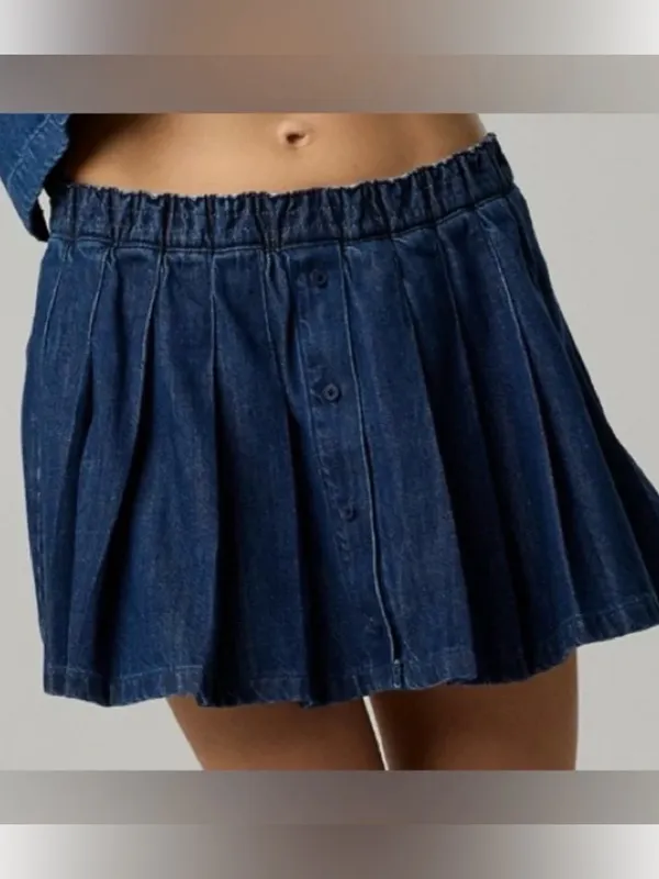 Offline by Aerie Oxford Mini Skort Denim Skirt w built in shorts Small Pleated - Image 2