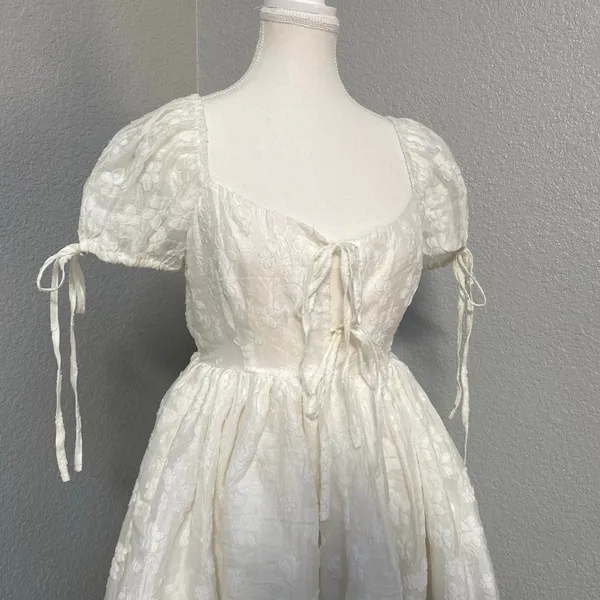 Mable White Floral Poofy Mini Dress Front Tie Puff Sleeves Coquette Y2k - Image 2