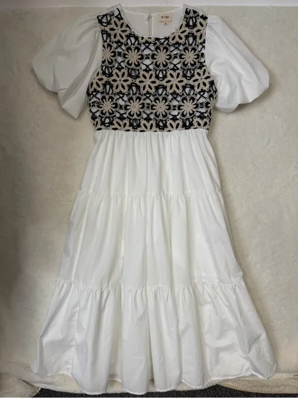 Bibi Crochet Top Midi Dress Cottagecore Balloon Sleeve Peasant Pockets - Image 2