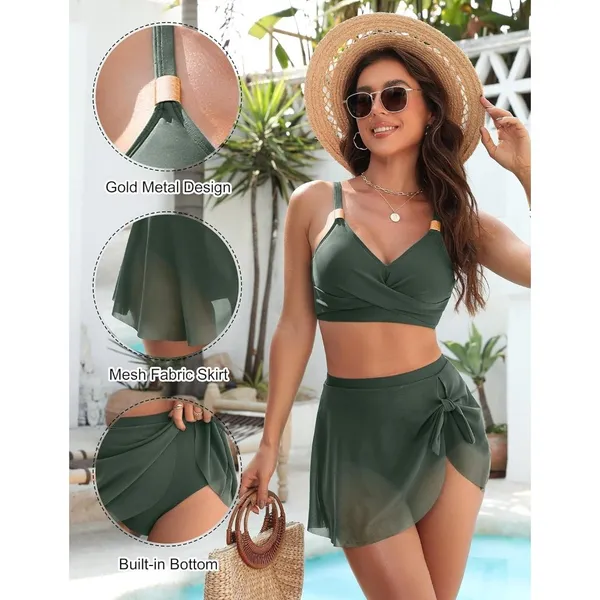 Blooming Jelly Bikini Army Green Two Piece Swimsuit Tie Knot Mesh Skirt 2XL (14) - Image 4