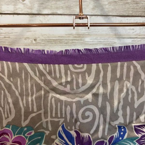 Vintage 80s Oscar de la Renta Silk Scarf Fringe Floral Purple & Teal Japan 52x11 - Image 5