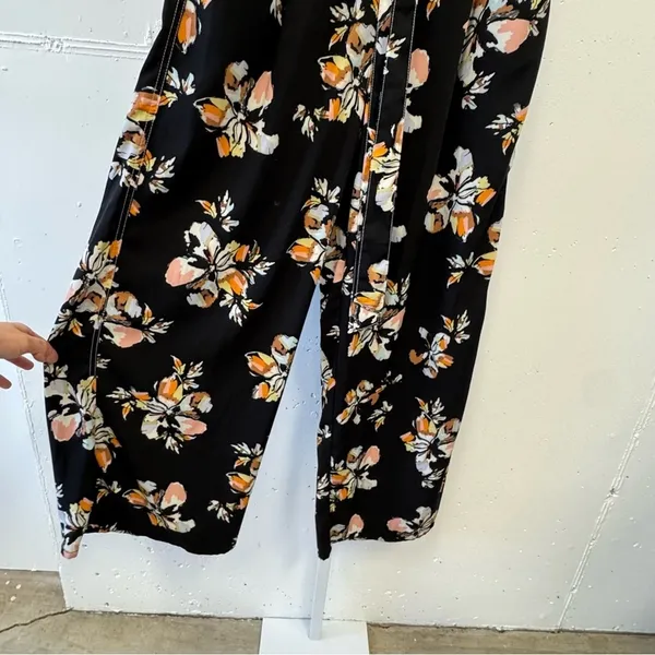 Who What Wear Floral Wide Leg Pants‎ Black Pink Orange Sz M Elastic Waist Belted - Image 4