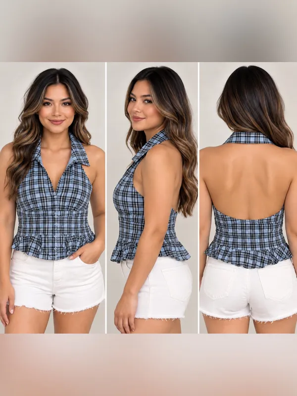Hollister Blue Plaid Halter Peplum Top Women’s M Button Front Ruffle Y2K - Image 2