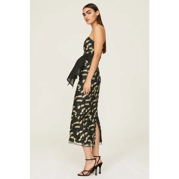 RTR Sz 4 Shoshanna Valerie Black Gold Leaf Strapless Bow Waist Midi Dress - Image 2