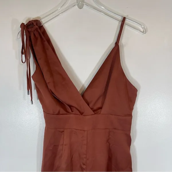 Lulu’s Look of Luxe Rusty Rose Satin Asymmetrical Wide-Leg Jumpsuit size XS - Image 5
