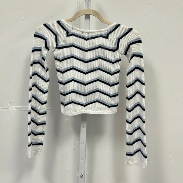 Subdued Chevron Zigzag Cropped Knit Top White Blue Square Neck Size S USA 4 Boho - Image 3