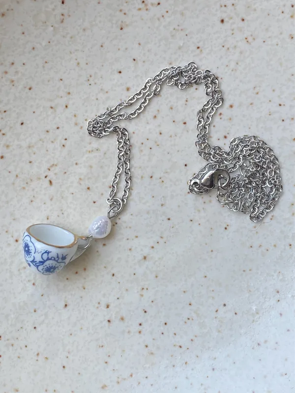 Handmade porcelain tea cup & freshwater pearl unique fun fairy antique style necklace🫖🍃🌀 - Image 6