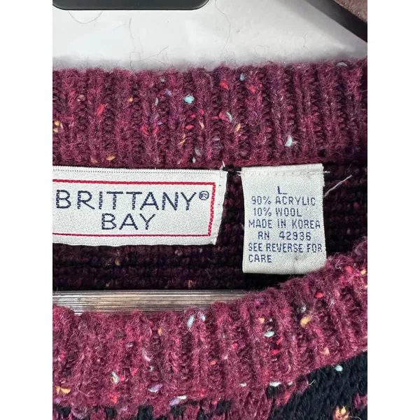 Brittany Bay Sweater Womens Large Burgundy Black Snowflake Knit Wool Blend Retro - Image 2