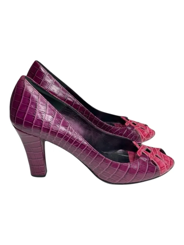 Vintage: Isaac ❉ Embossed Cut Out Peep Toe Pump Heels ❉ 2 Tone Pink Leather ❉ 8M - Image 3