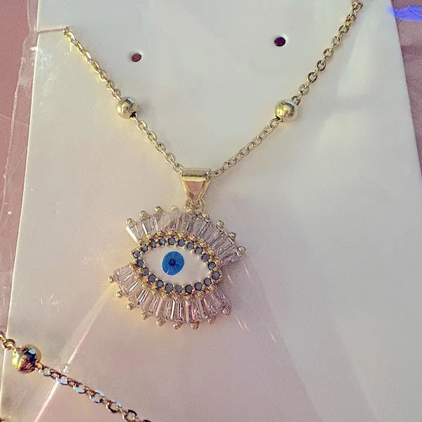NEW‎ Handmade Evil Eye Yellow Gold Filled Simulated Diamond Necklace, 18-20” - Image 7