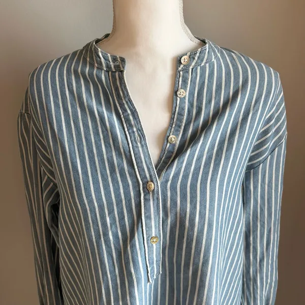 Faherty Blue and White Striped Nautical Tunic Natural Button Up Blouse Size S - Image 4