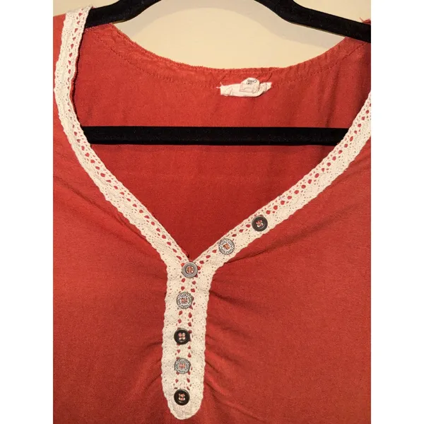 POL Womens Boho Lace Trim Henley Top Terracotta Orange Long Sleeve S Goblincore - Image 4