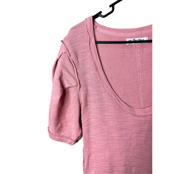 Free People Rose Pink Ribbed Scoop Neck‎ Puffed Short Sleeve Top L - Image 4