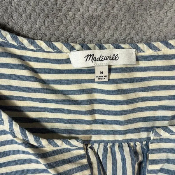 Madewell Courtyard Striped Puff Sleeve Peplum Blouse Medium Blue White Button Fr - Image 3