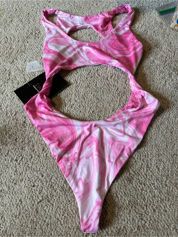 NWT Naked Wardrobe Swim monokini pink white extra small - Image 4