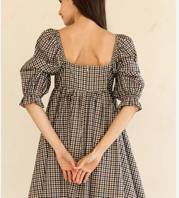 Gingham Puff Sleeve Mini Dress Brown Size M - Image 4