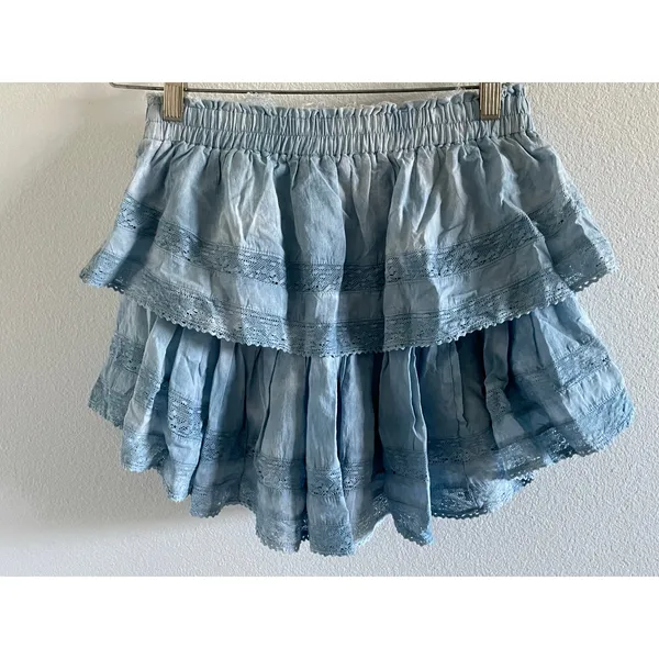 LoveShackFancy Pacific Indigo Hand Dye Ruffle Mini Skirt Blue S - Image 11