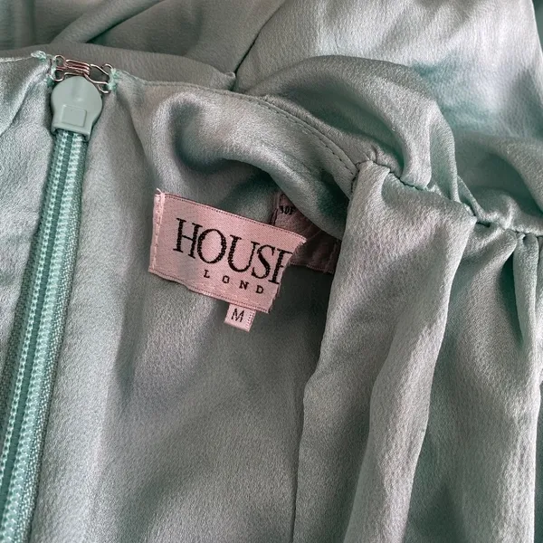 House of CB Pascale Aqua Draped Plunge Satin Mini Dress Womens Size M Mint Green - Image 6
