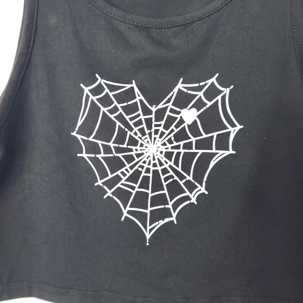 Unbranded Black Spider Web Heart Casual Graphic Tee Sleeveless Tank Crop Top S - Image 2