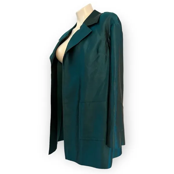 ST. JOHN COUTURE Sharkskin Silk Wool Blend Teal Open Front Jacket Blazer Size 8 - Image 5