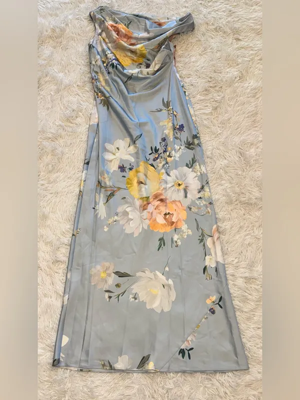 NEW After Six Liv Floral Print One-Shoulder Blue Mist Multi Gown Sz M - Image 4