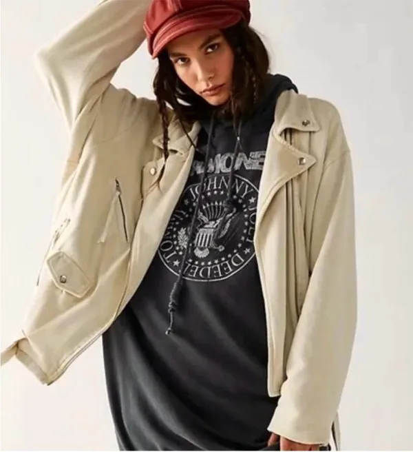 EUC Free People Rebel Moto Jacket Vanilla Cream Size Large Retail $198.00 - Image 2