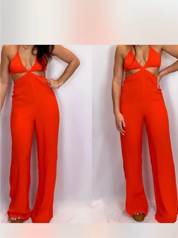 Olivaceous Cutout Halter Wide-Leg Jumpsuit - Orange - Image 2