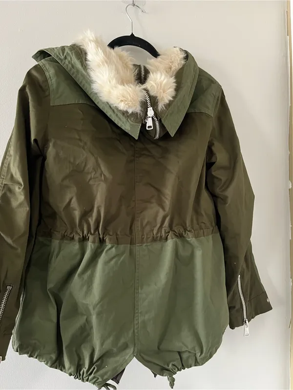 Zara Olive Green Faux Fur Hooded Parka Jacket XS Utility Military Winter Outdoor - Image 9