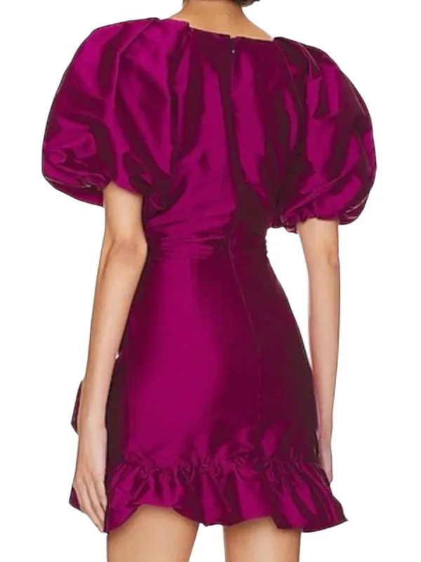 MISA Los Angeles - NWT Magenta Taffeta Puff Sleeve Ruffle Mini Dress Sz M - Image 3