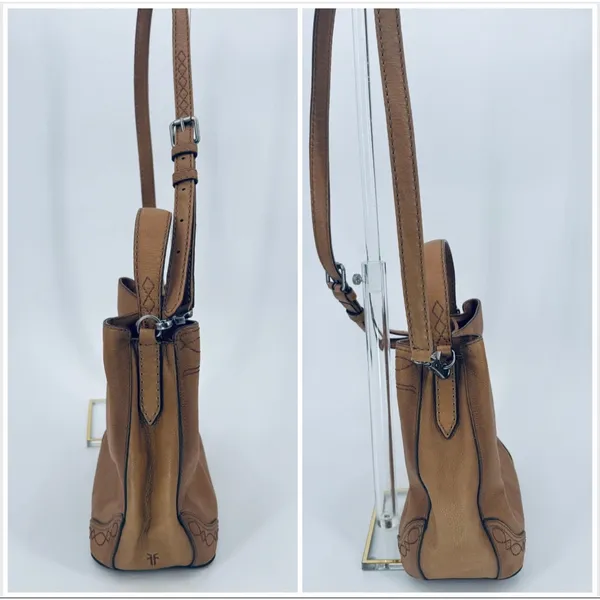 Frye Pipa Woodstock Bucket Bag Tan Leather Shoulder Crossbody Satchel - Image 4