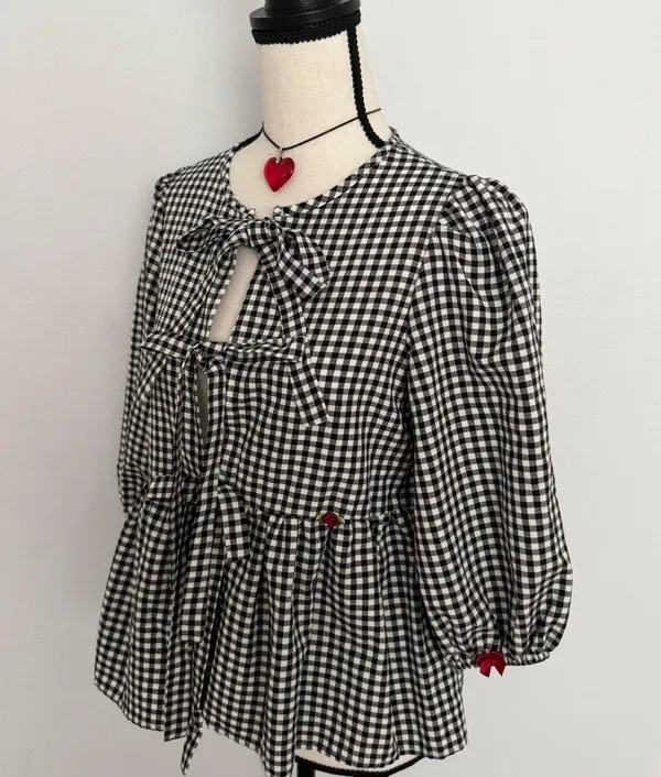 Boutique black & white gingham bow tie up blouse with mini red bows & red rosebuds - Image 2