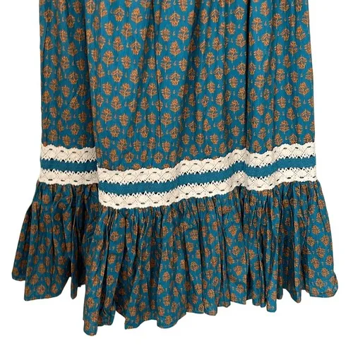 Luna Moon Tiered Maxi Skirt Teal Orange Floral Lace Trim Boho Festival‎ Medium - Image 6