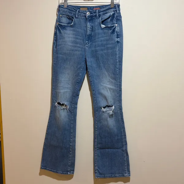 Pilcro Anthropologie The Icon High Waist Distressed Denim Flare Jeans Size 28 - Image 6