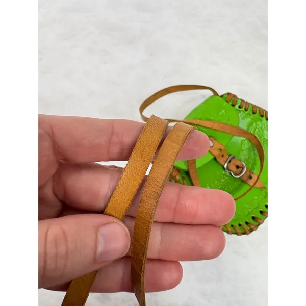 Vintage Mexican Tooled Leather Crossbody Bag Lime Green Whipstitch Boho Mini - Image 6