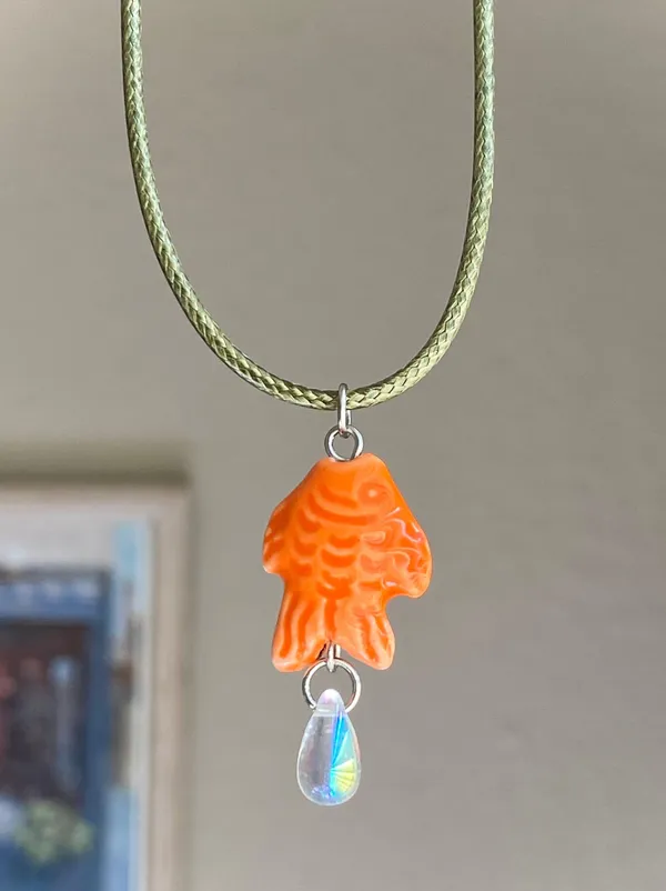 unique funky cute blue ceramic fish & Czech glass teardrop necklace⭐️🐟💕 - Image 7