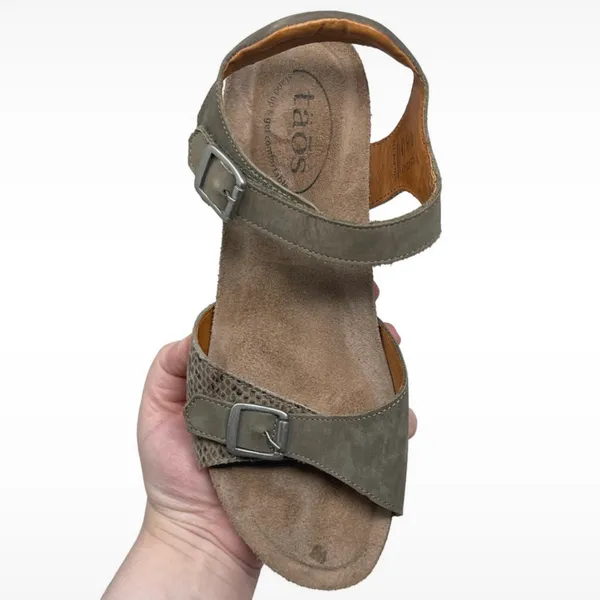 Taos “Traveler” Taupe Leather Wedge Sandals Hook & Loop Closure Women’s 8-8.5 - Image 10