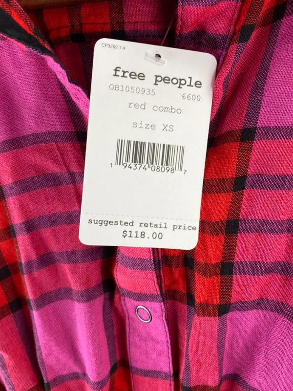 Free People We The Free Pacific Dawn Red Plaid Top Size XS - Image 4