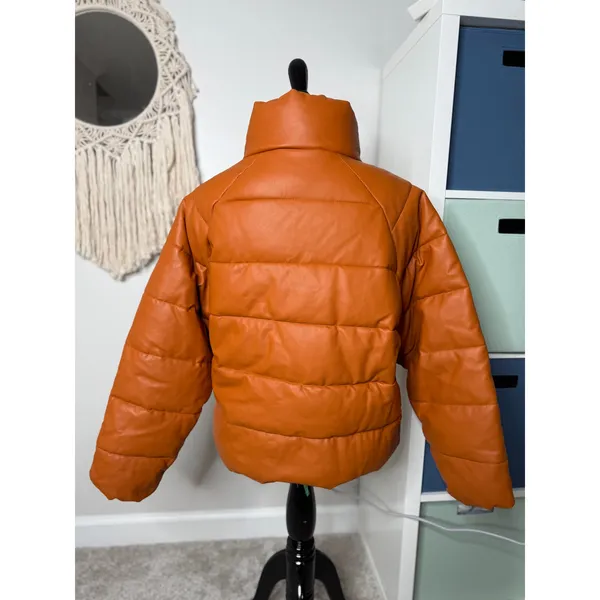 NA-KD Cognac Brown Orange Faux Leather PU Padded Jacket Bomber Puffer Coat 36/S - Image 2