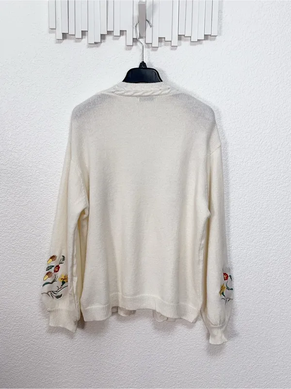 Miss Sparkling Ivory Floral Embroidered Open Front Cardigan Cable Knit Sweater - Image 6