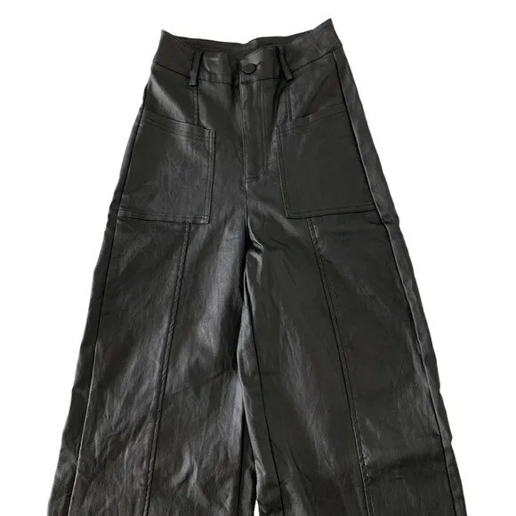 Faux Leather Pants Womens XS Black Wide Leg High Rise Stretch Y2K Sexy - Image 2