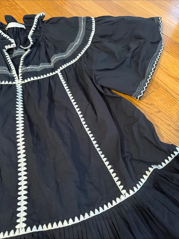 Ulla Johnson Desi pleated black embroidered v neck mini Dress 6 - Image 5